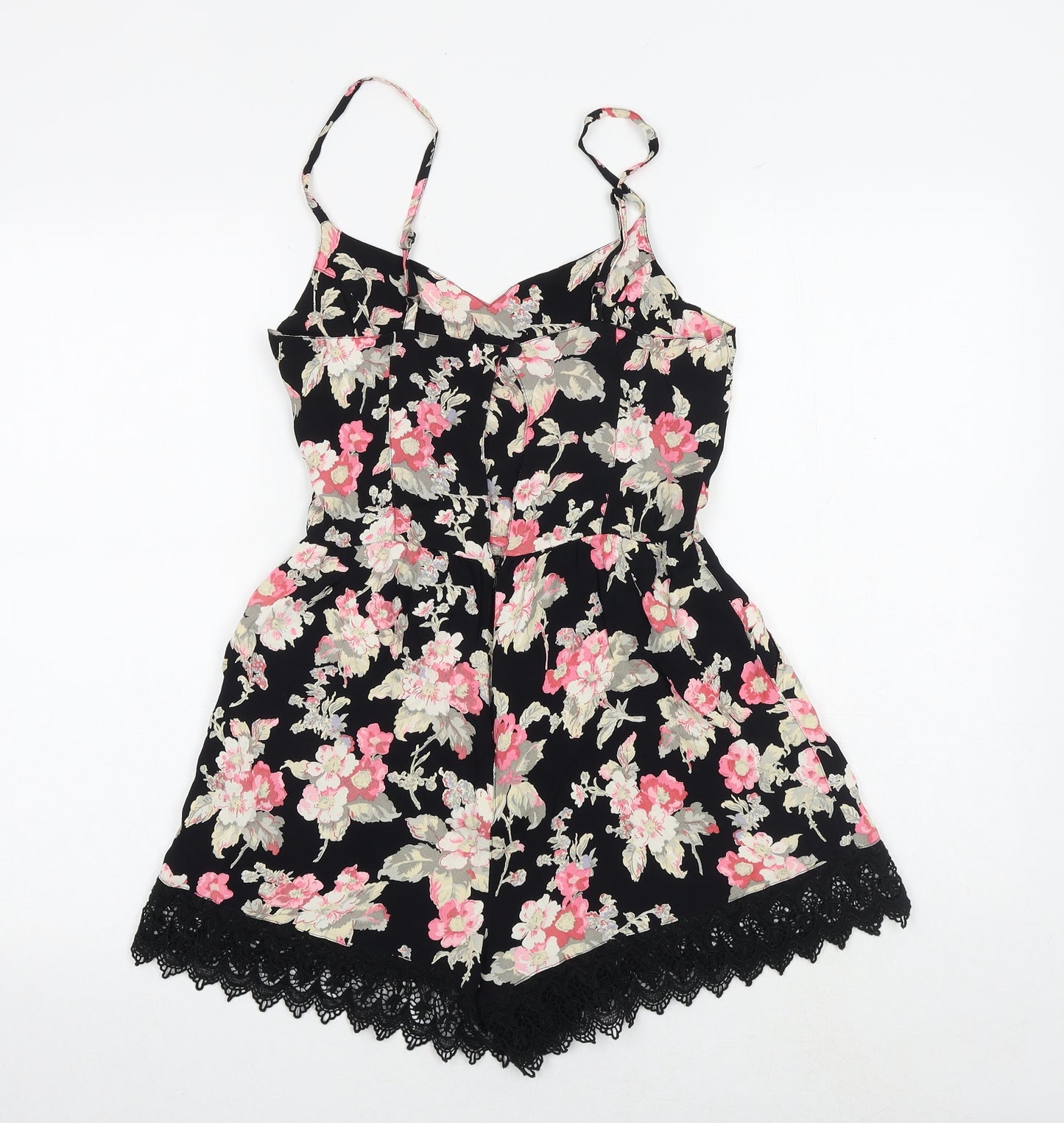 Topshop Womens Black Floral Viscose Playsuit One-Piece Size 10 Zip - Crocheted Lace Detail
