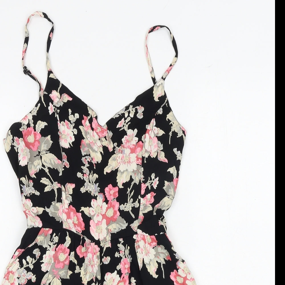 Topshop Womens Black Floral Viscose Playsuit One-Piece Size 10 Zip - Crocheted Lace Detail