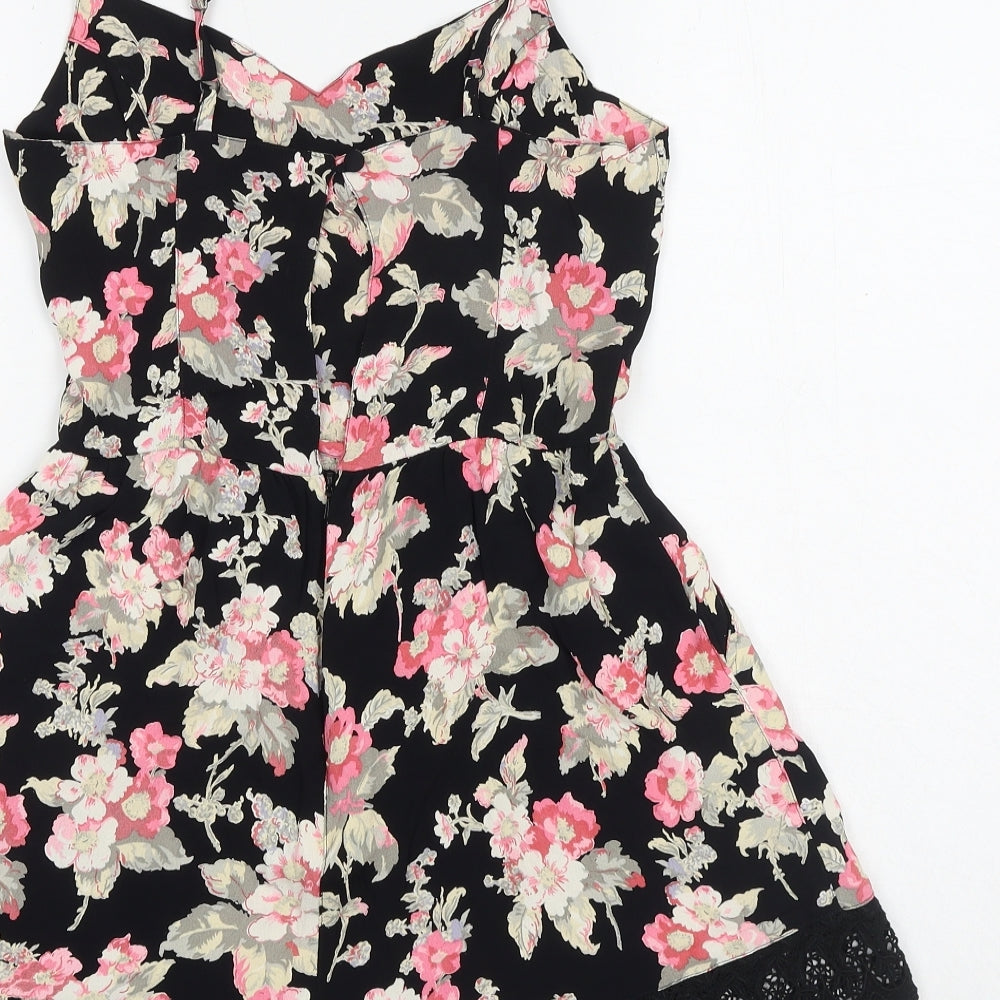 Topshop Womens Black Floral Viscose Playsuit One-Piece Size 10 Zip - Crocheted Lace Detail
