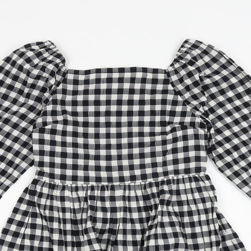 Marks and Spencer Girls Black Check Polyester A-Line Size 9-10 Years Square Neck Pullover - Shirred Back