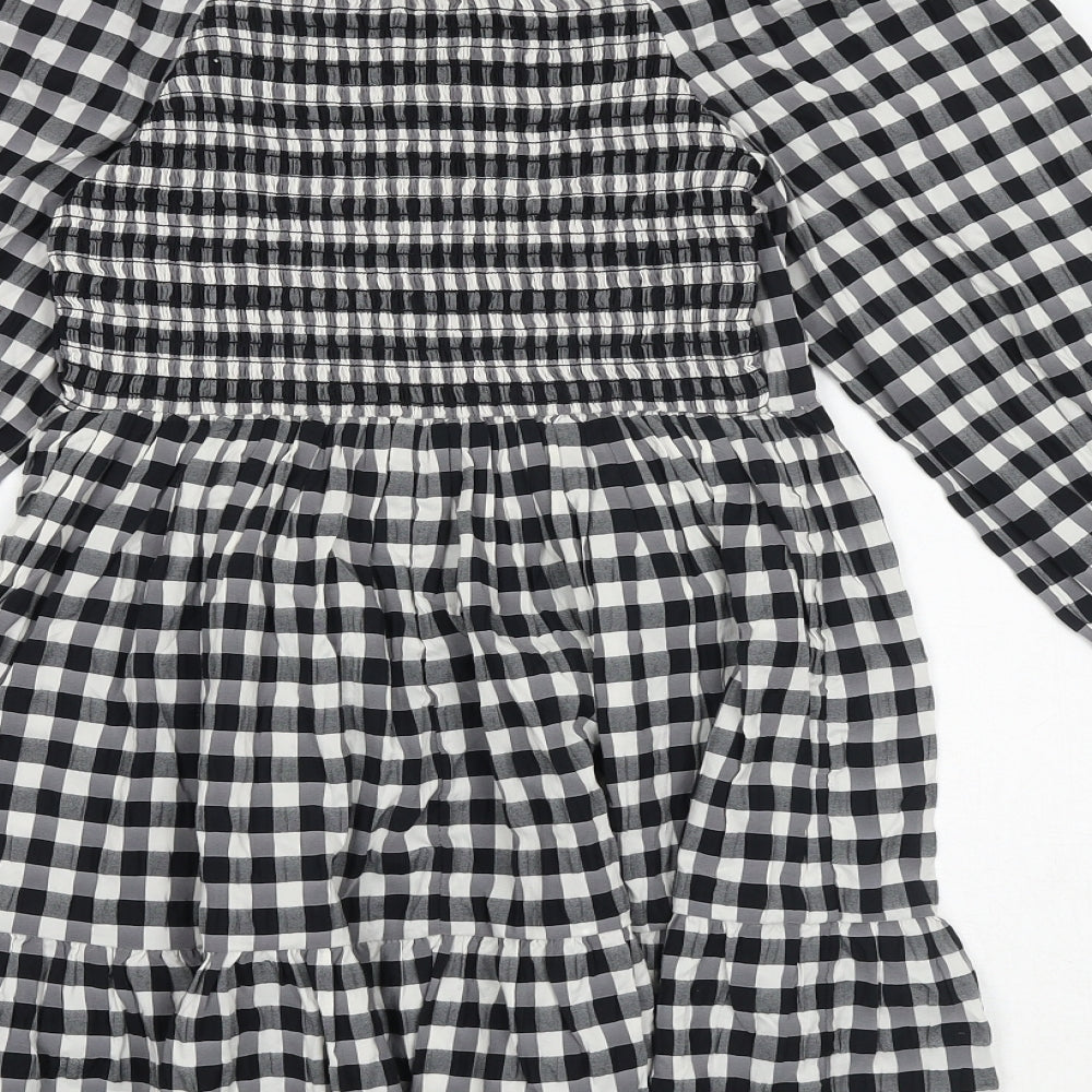 Marks and Spencer Girls Black Check Polyester A-Line Size 9-10 Years Square Neck Pullover - Shirred Back