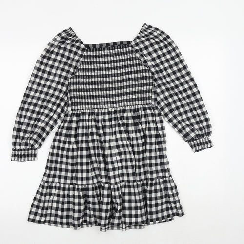 Marks and Spencer Girls Black Check Polyester A-Line Size 8-9 Years Square Neck Pullover - Shirred Back