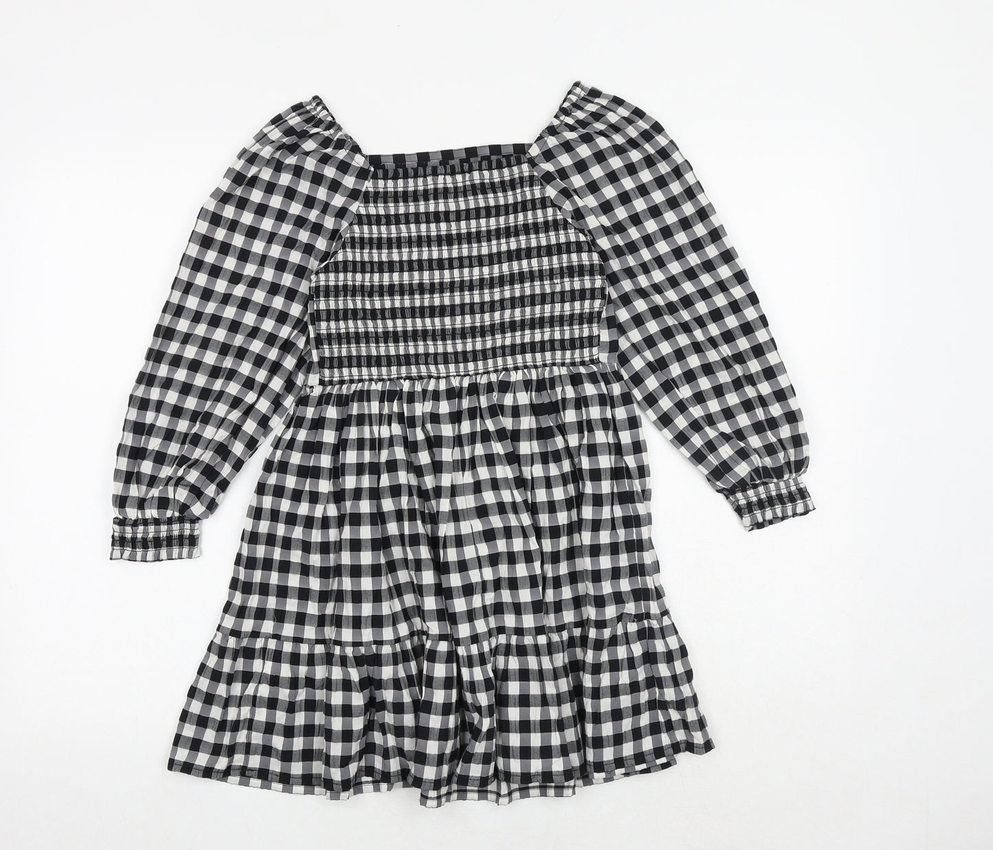 Marks and Spencer Girls Black Check Polyester A-Line Size 8-9 Years Square Neck Pullover - Shirred Back