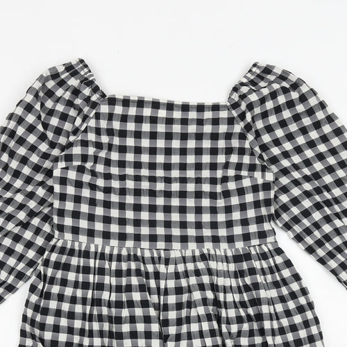 Marks and Spencer Girls Black Check Polyester A-Line Size 8-9 Years Square Neck Pullover - Shirred Back