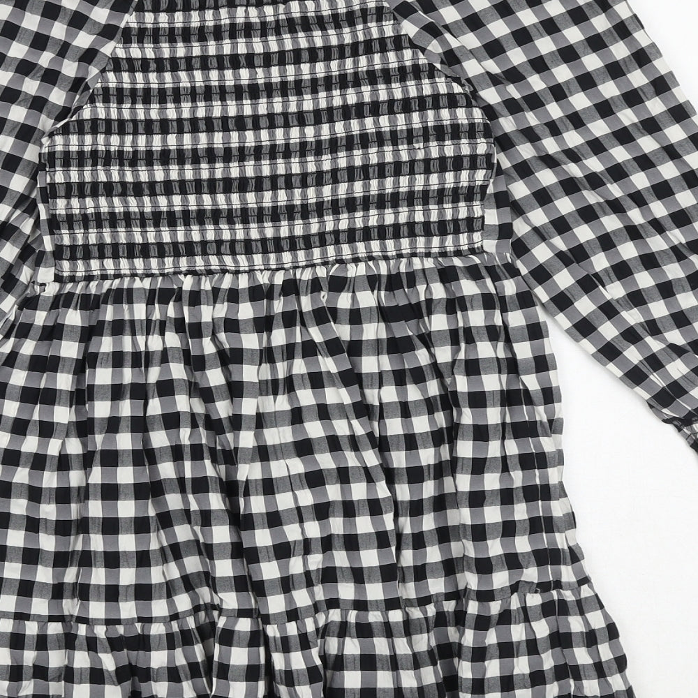 Marks and Spencer Girls Black Check Polyester A-Line Size 8-9 Years Square Neck Pullover - Shirred Back