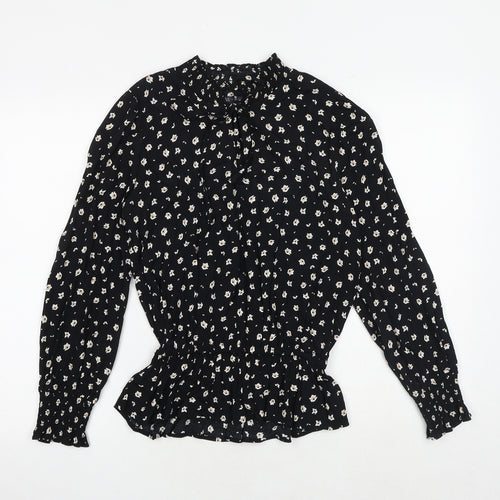 Marks and Spencer Womens Black Floral Viscose Basic Blouse Size 8 Mock Neck