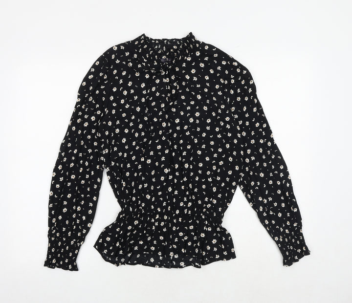 Marks and Spencer Womens Black Floral Viscose Basic Blouse Size 8 Mock Neck