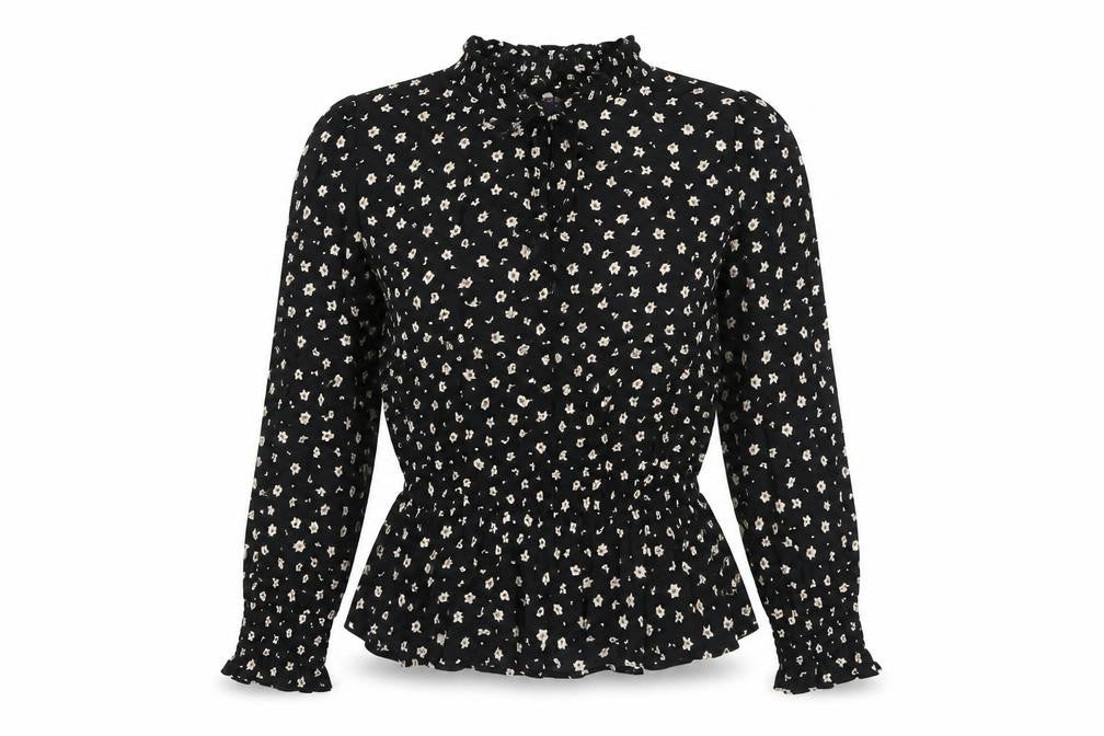 Front view of Marks & Spencer women’s black floral viscose basic blouse, size UK 8, mock neck