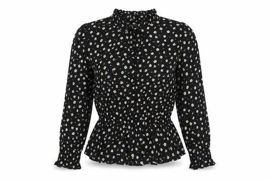 Front view of Marks & Spencer women’s black floral viscose basic blouse, size UK 8, mock neck