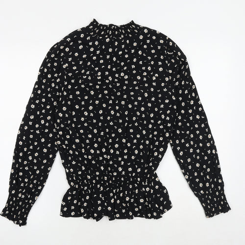 Marks and Spencer Womens Black Floral Viscose Basic Blouse Size 8 Mock Neck
