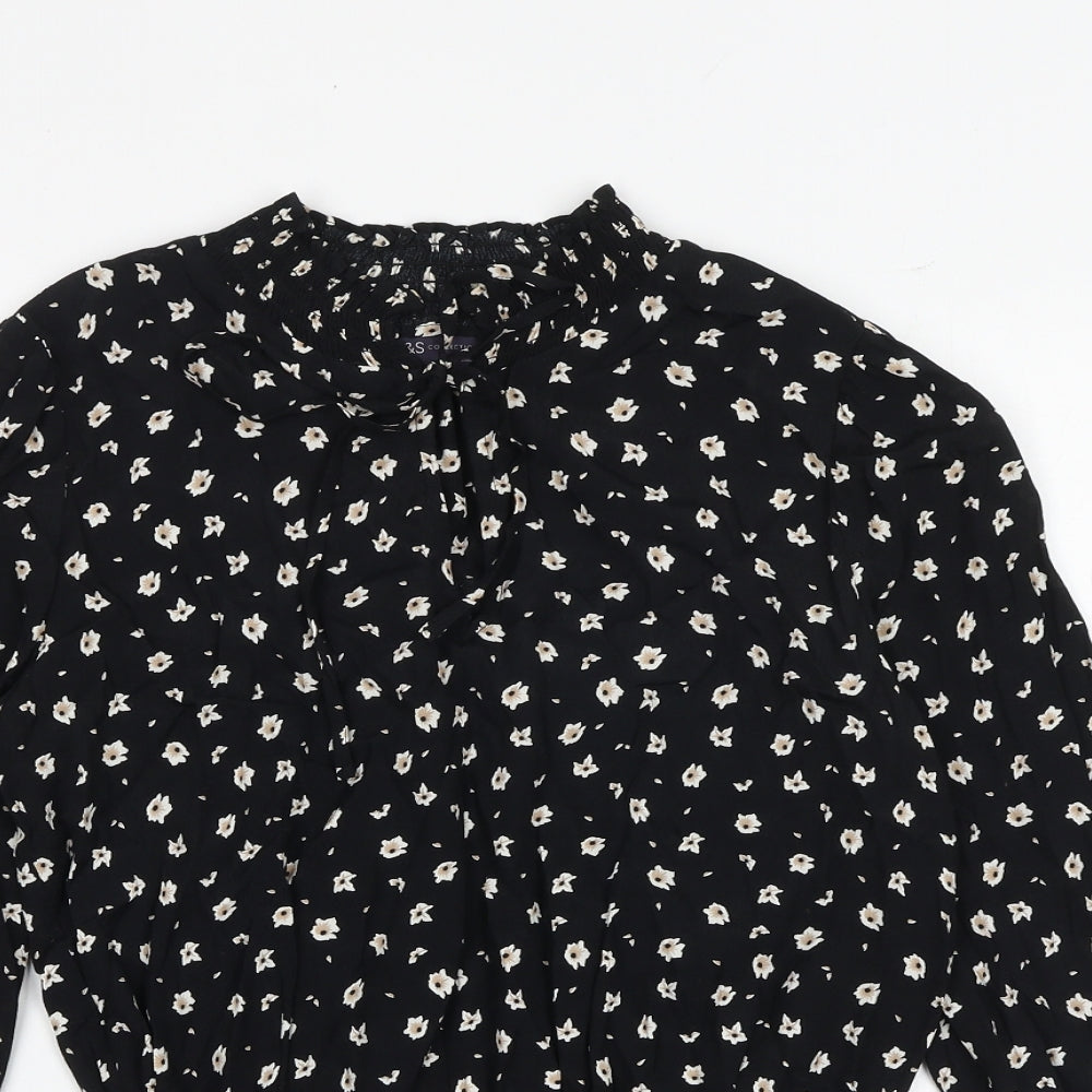 Marks and Spencer Womens Black Floral Viscose Basic Blouse Size 8 Mock Neck