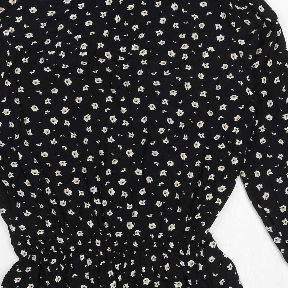 Marks and Spencer Womens Black Floral Viscose Basic Blouse Size 8 Mock Neck