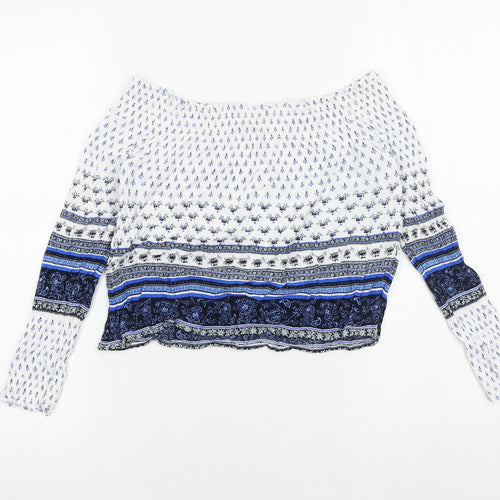 H&M Womens Blue Geometric Viscose Cropped Blouse Size 12 Round Neck