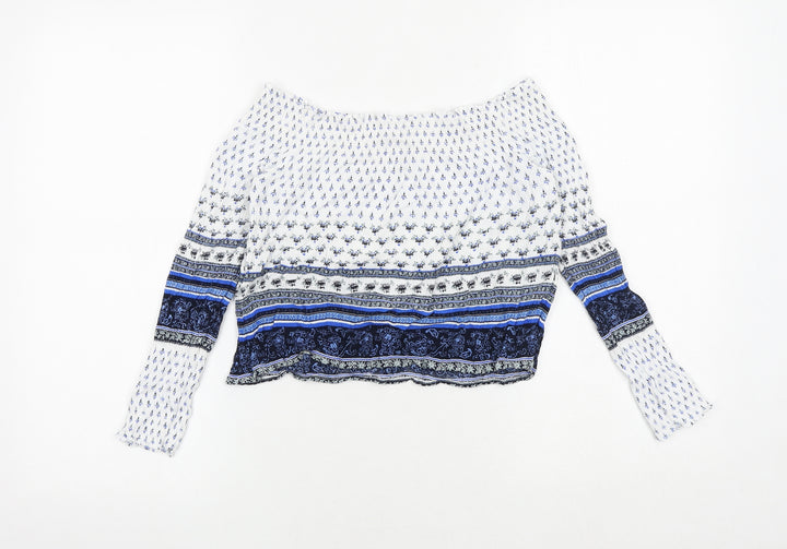 H&M Womens Blue Geometric Viscose Cropped Blouse Size 12 Round Neck