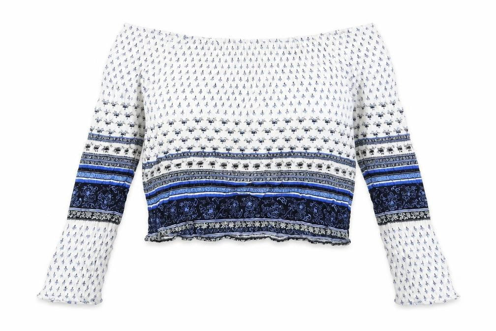 Front view of H&M women’s blue geometric viscose cropped blouse, size UK 12, round neck
