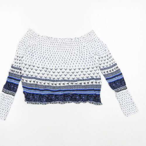 H&M Womens Blue Geometric Viscose Cropped Blouse Size 12 Round Neck