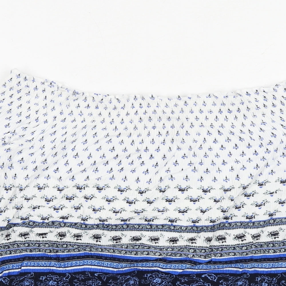 H&M Womens Blue Geometric Viscose Cropped Blouse Size 12 Round Neck