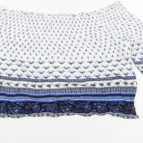 H&M Womens Blue Geometric Viscose Cropped Blouse Size 12 Round Neck