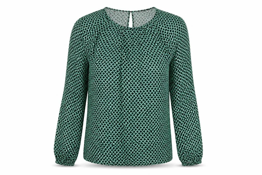 Front view of Marks & Spencer women’s green geometric viscose basic blouse, size UK 6, round neck