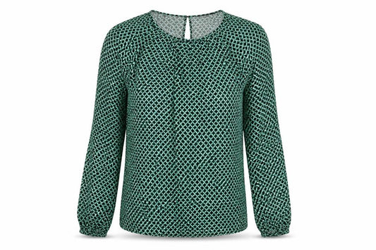 Front view of Marks & Spencer women’s green geometric viscose basic blouse, size UK 6, round neck