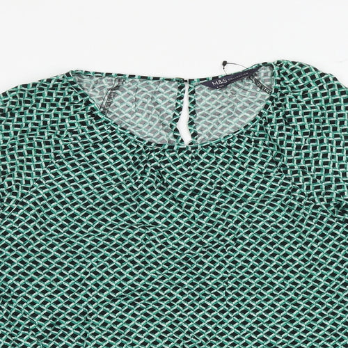 Marks and Spencer Womens Green Geometric Viscose Basic Blouse Size 6 Round Neck