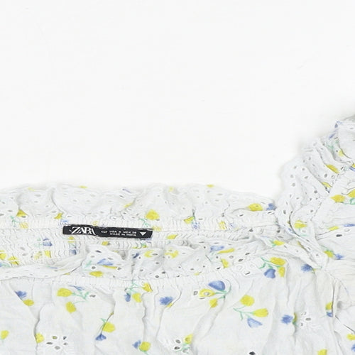 Zara Womens White Floral 100% Cotton Cropped Blouse Size S Round Neck - Broderie Anglaise