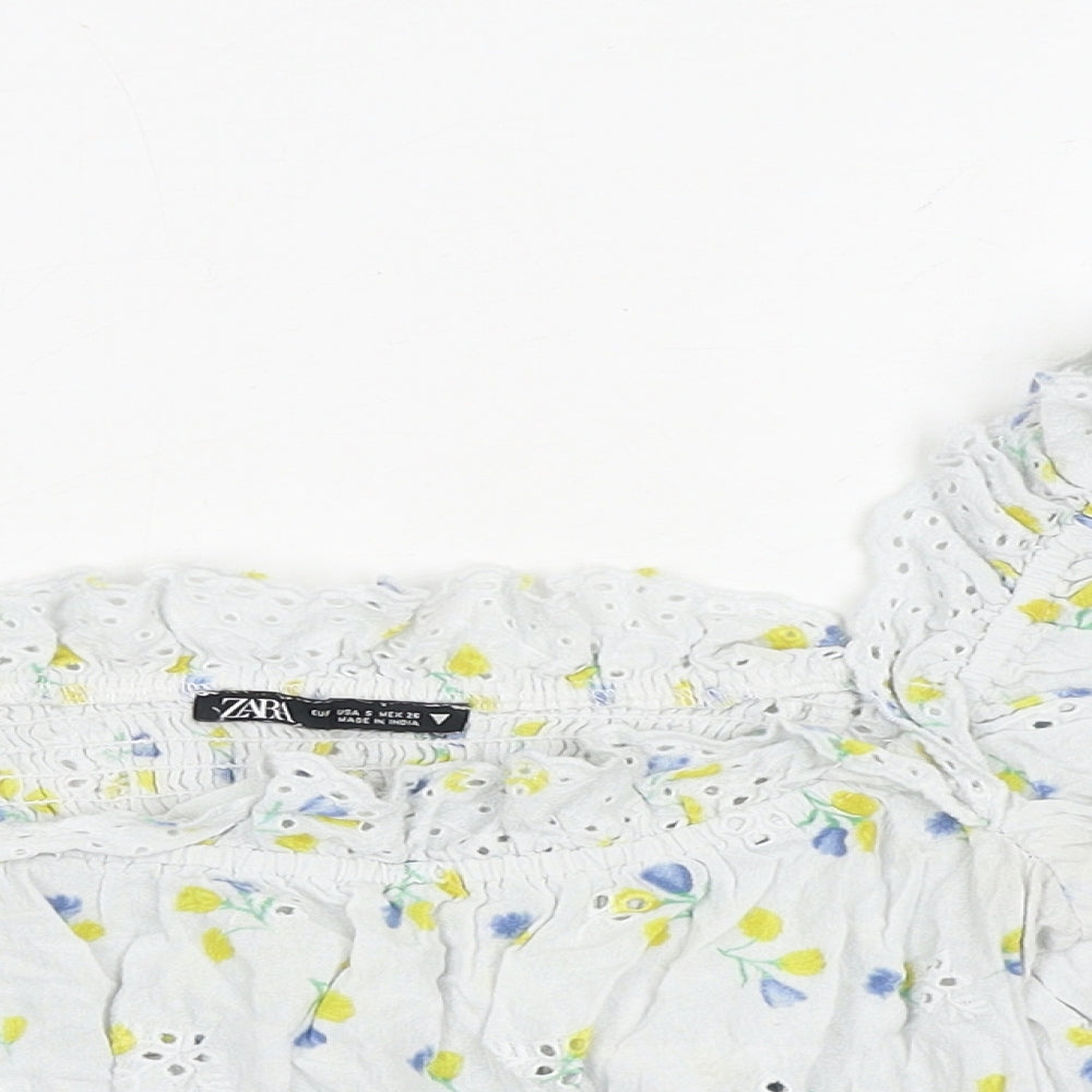 Zara Womens White Floral 100% Cotton Cropped Blouse Size S Round Neck - Broderie Anglaise