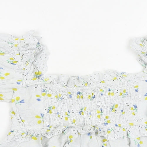 Zara Womens White Floral 100% Cotton Cropped Blouse Size S Round Neck - Broderie Anglaise
