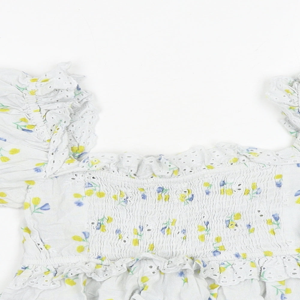 Zara Womens White Floral 100% Cotton Cropped Blouse Size S Round Neck - Broderie Anglaise