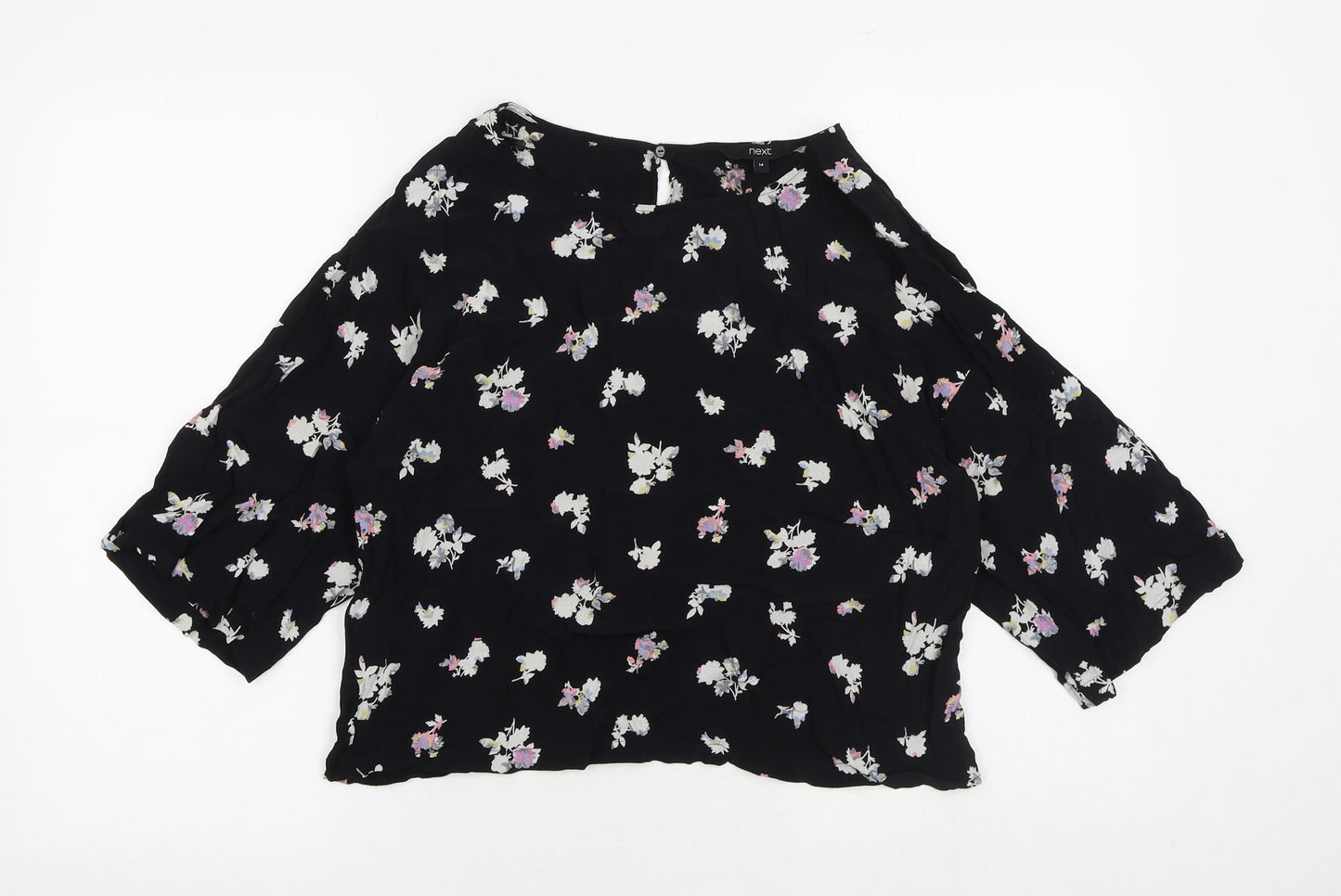 NEXT Womens Black Floral Viscose Basic Blouse Size 14 Round Neck