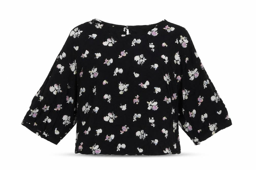 Front view of Next women’s black floral viscose basic blouse, size UK 14, round neck