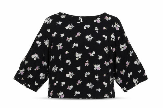 Front view of Next women’s black floral viscose basic blouse, size UK 14, round neck