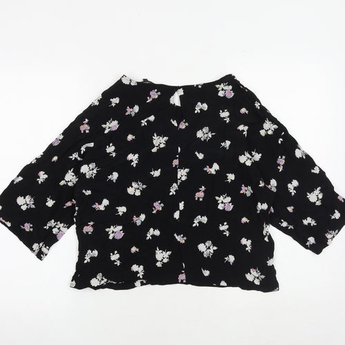 NEXT Womens Black Floral Viscose Basic Blouse Size 14 Round Neck