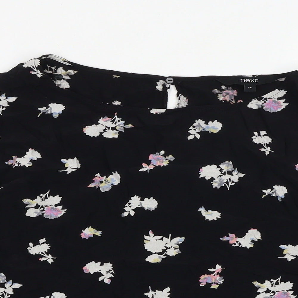 NEXT Womens Black Floral Viscose Basic Blouse Size 14 Round Neck