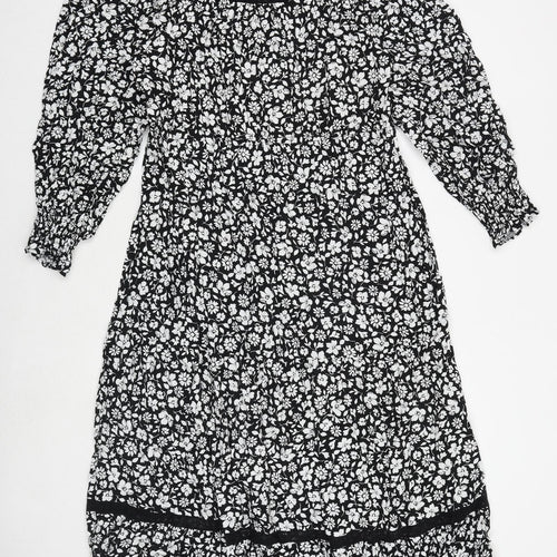 Marks and Spencer Womens Black Floral Polyester A-Line Size 18 Round Neck Button