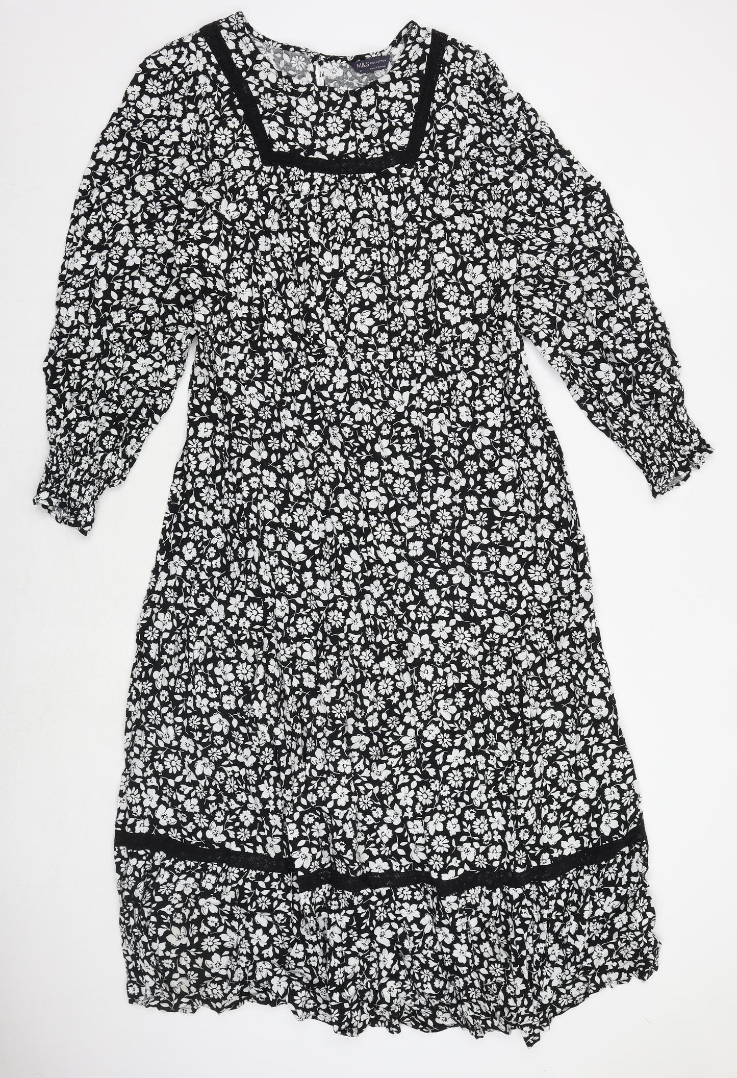 Marks and Spencer Womens Black Floral Polyester A-Line Size 18 Round Neck Button