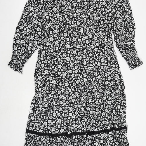 Marks and Spencer Womens Black Floral Polyester A-Line Size 18 Round Neck Button