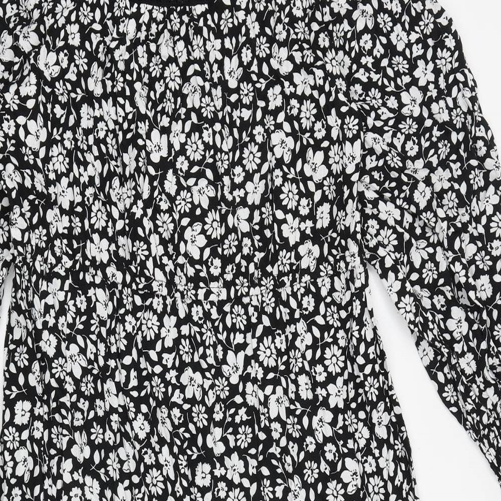 Marks and Spencer Womens Black Floral Polyester A-Line Size 18 Round Neck Button