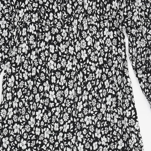Marks and Spencer Womens Black Floral Polyester A-Line Size 18 Round Neck Button