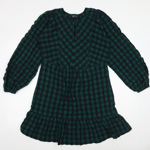 Marks and Spencer Womens Green Check 100% Cotton Skater Dress Size 8 Round Neck Button