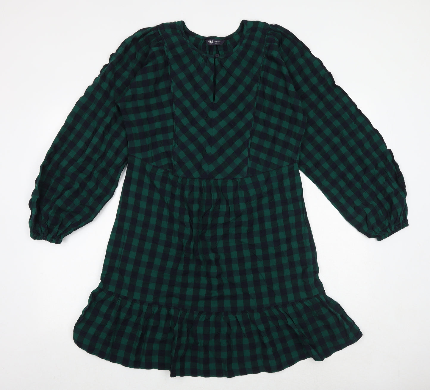Marks and Spencer Womens Green Check 100% Cotton Skater Dress Size 8 Round Neck Button