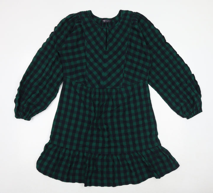 Marks and Spencer Womens Green Check 100% Cotton Skater Dress Size 8 Round Neck Button