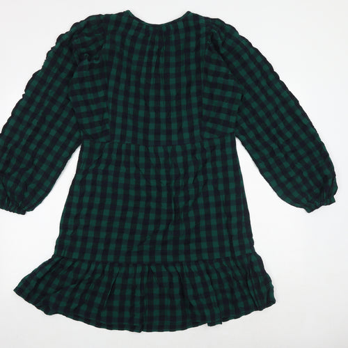 Marks and Spencer Womens Green Check 100% Cotton Skater Dress Size 8 Round Neck Button