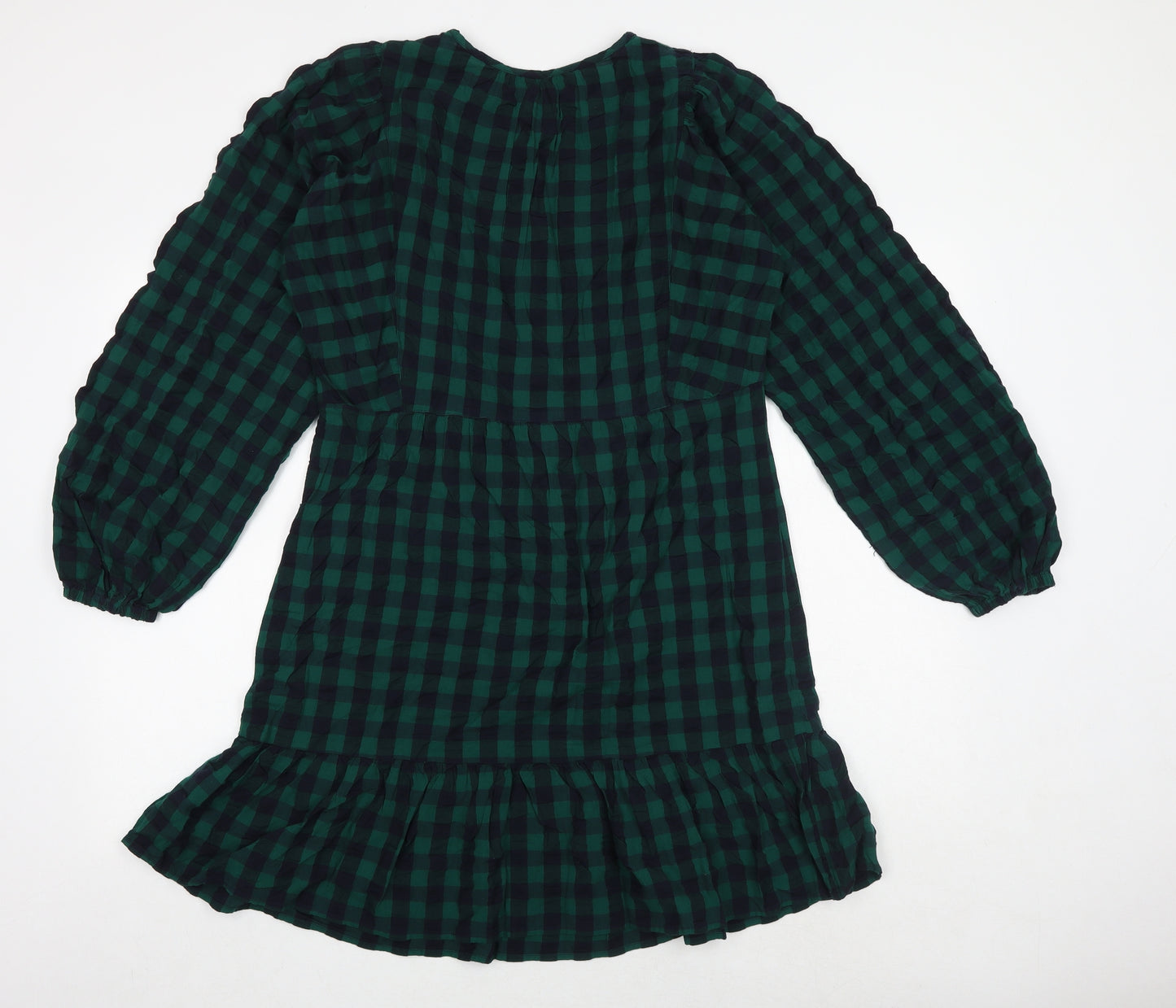 Marks and Spencer Womens Green Check 100% Cotton Skater Dress Size 8 Round Neck Button
