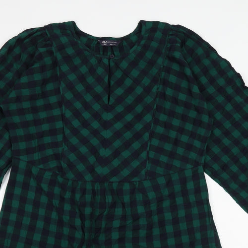 Marks and Spencer Womens Green Check 100% Cotton Skater Dress Size 8 Round Neck Button