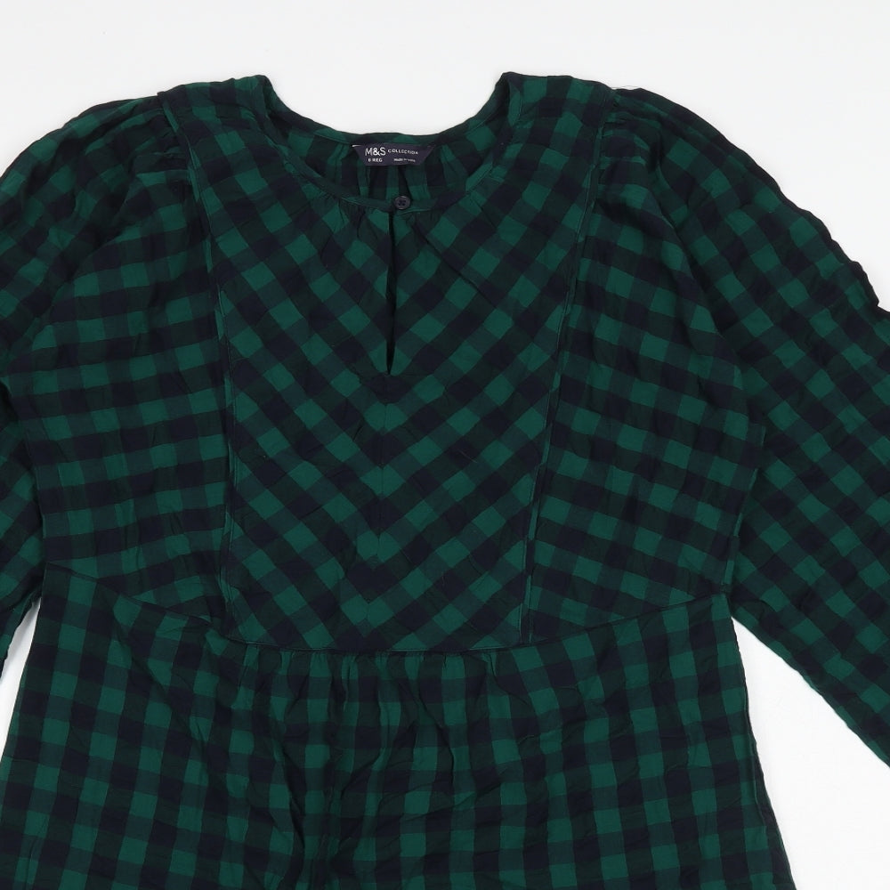 Marks and Spencer Womens Green Check 100% Cotton Skater Dress Size 8 Round Neck Button