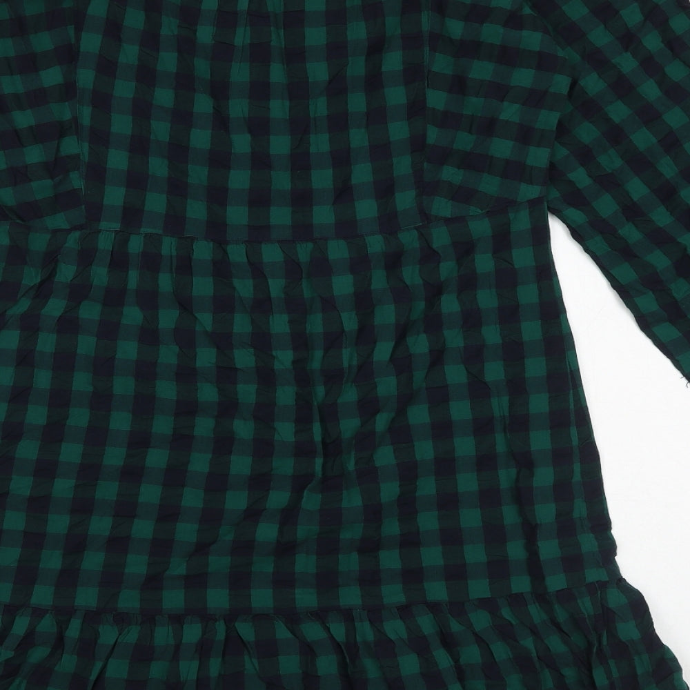 Marks and Spencer Womens Green Check 100% Cotton Skater Dress Size 8 Round Neck Button