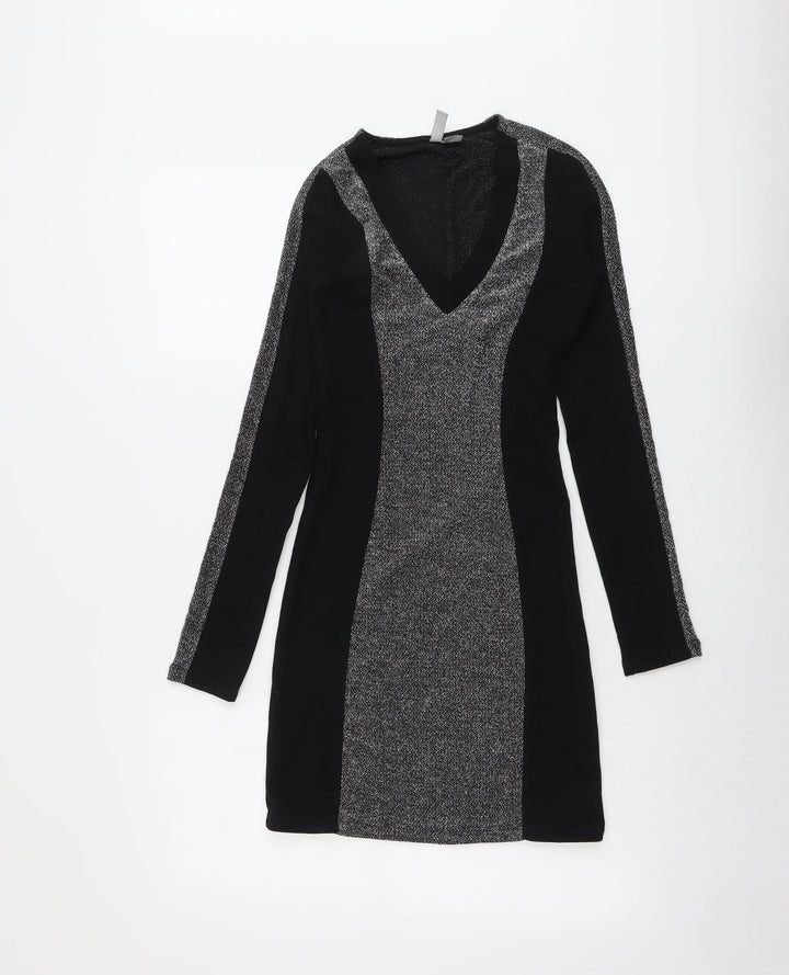 H&M Womens Black Colourblock Viscose Mini Size XS V-Neck Pullover