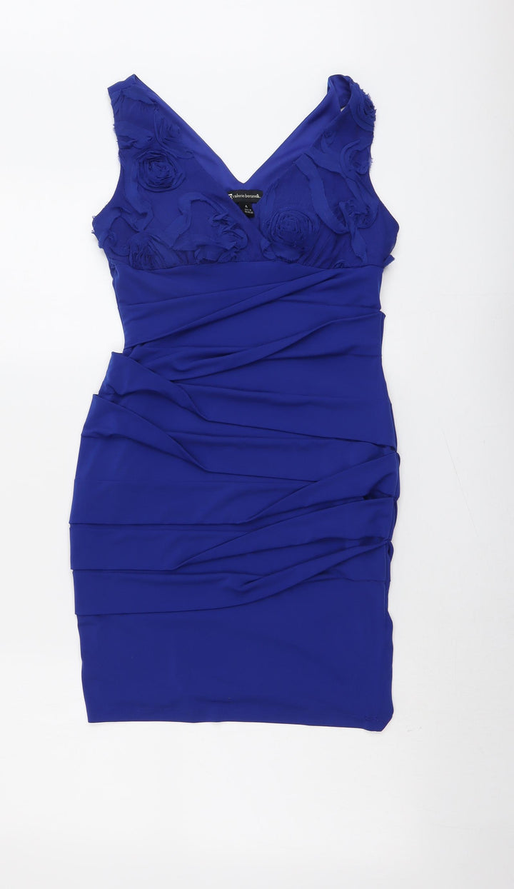 Valerie Bertinelli Womens Blue Polyester Mini Size 4 V-Neck Pullover - Flower Detail
