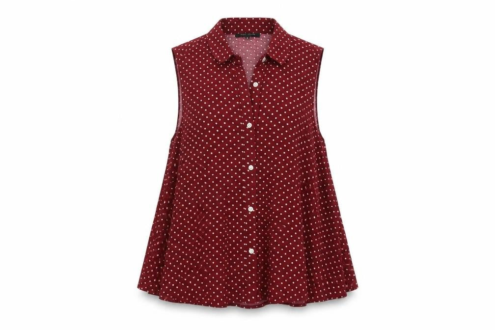 Front view of River Island women’s red striped viscose basic button-up, size UK 8, collared